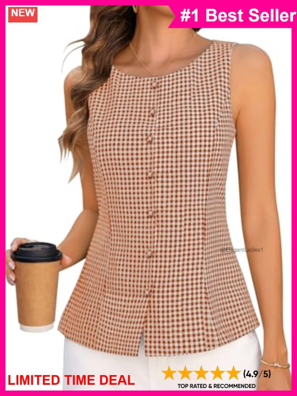 Sleeveless Tie Waist Button Down Tank Top 100% Cotton Plaid Casual Summer Vest